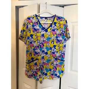 Disney Minnie & Friends Scrub Top Medium‎ – Colorful Toon Print w/ Pockets